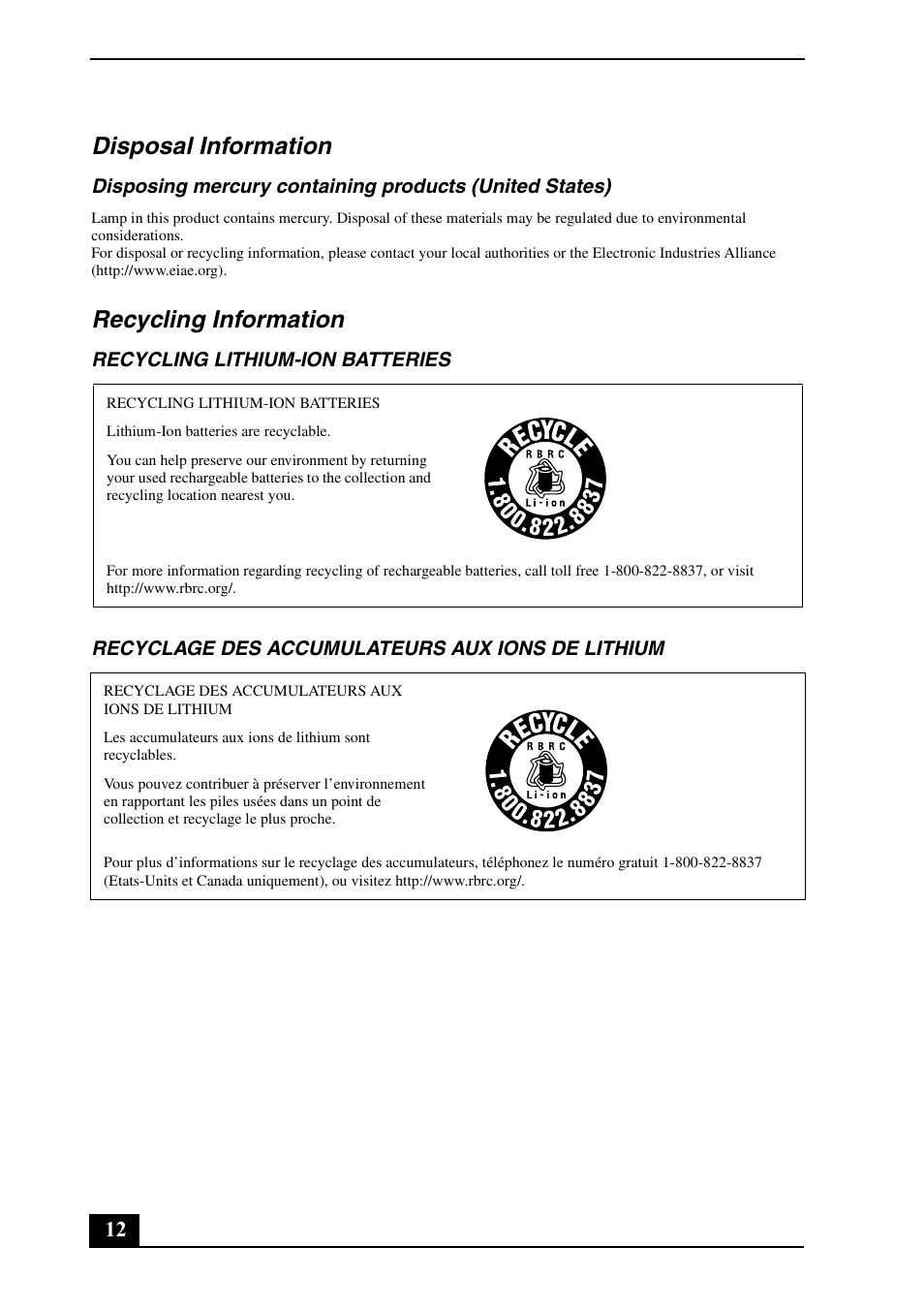 Disposal information, Recycling information | Sony VGN-NR385E User Manual | Page 12 / 24