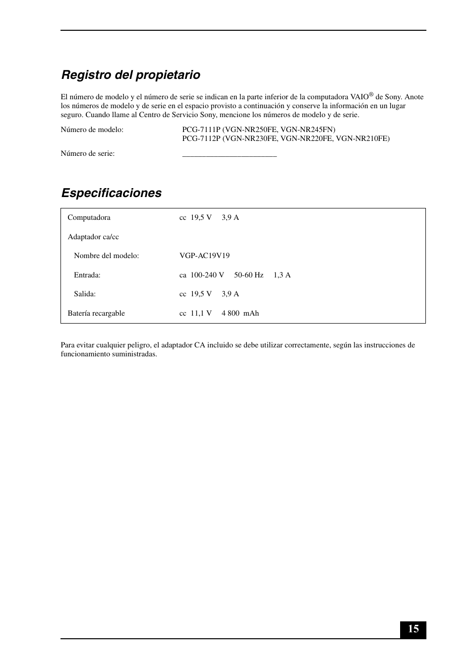 Registro del propietario, Especificaciones | Sony VGN-NR385E User Manual | Page 15 / 24