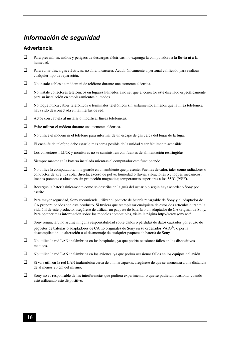 Información de seguridad | Sony VGN-NR385E User Manual | Page 16 / 24