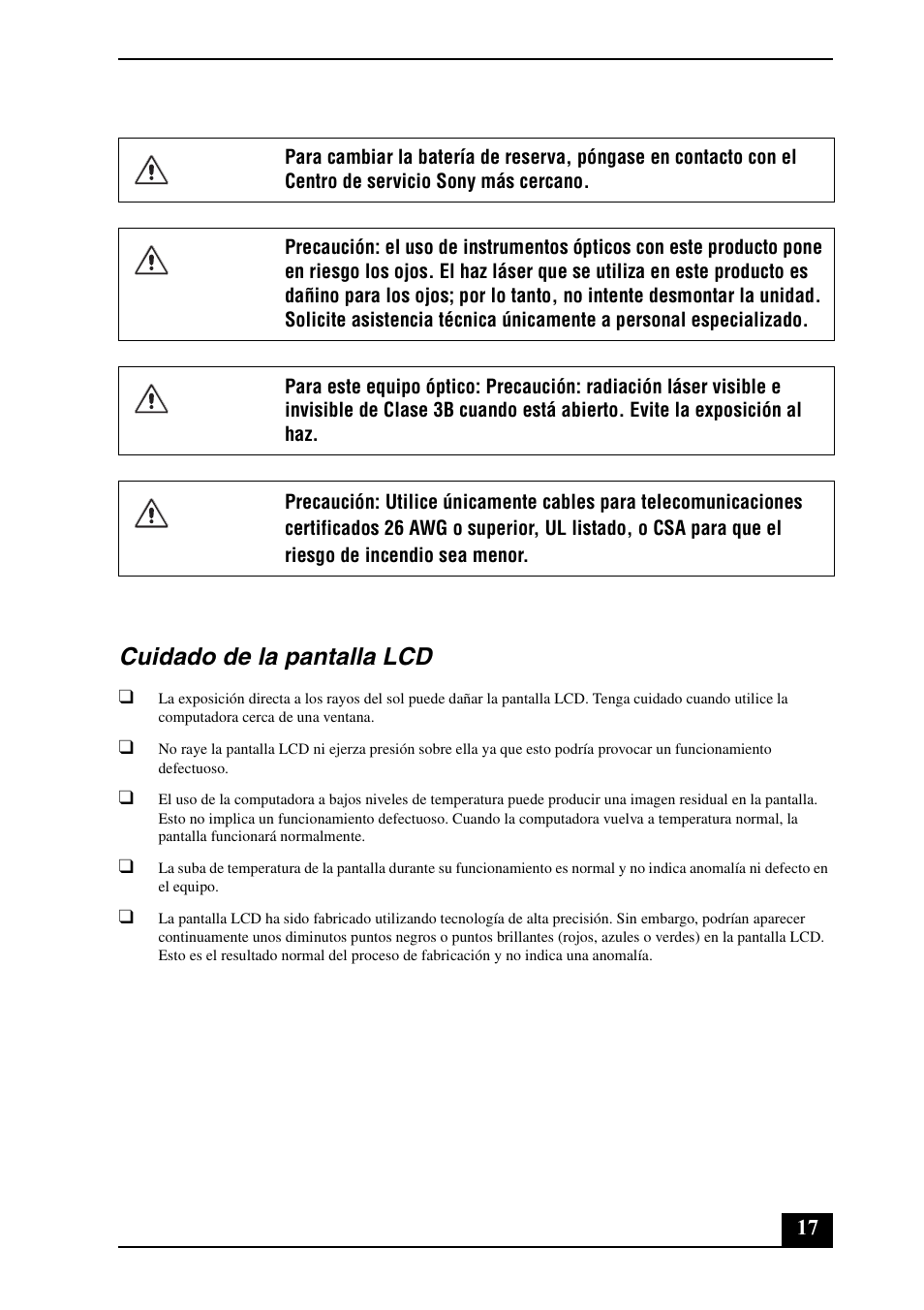 Cuidado de la pantalla lcd | Sony VGN-NR385E User Manual | Page 17 / 24