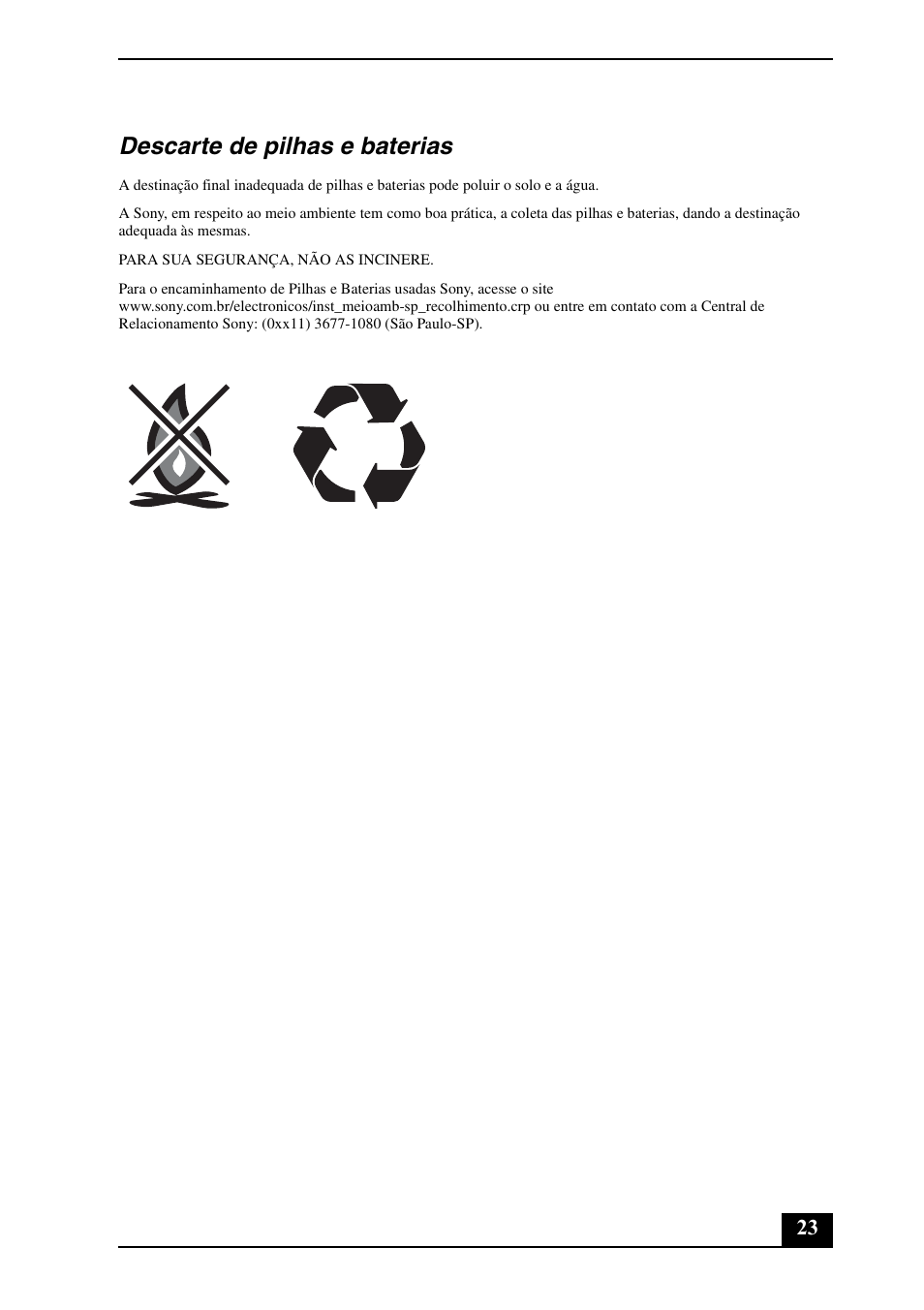 Descarte de pilhas e baterias | Sony VGN-NR385E User Manual | Page 23 / 24