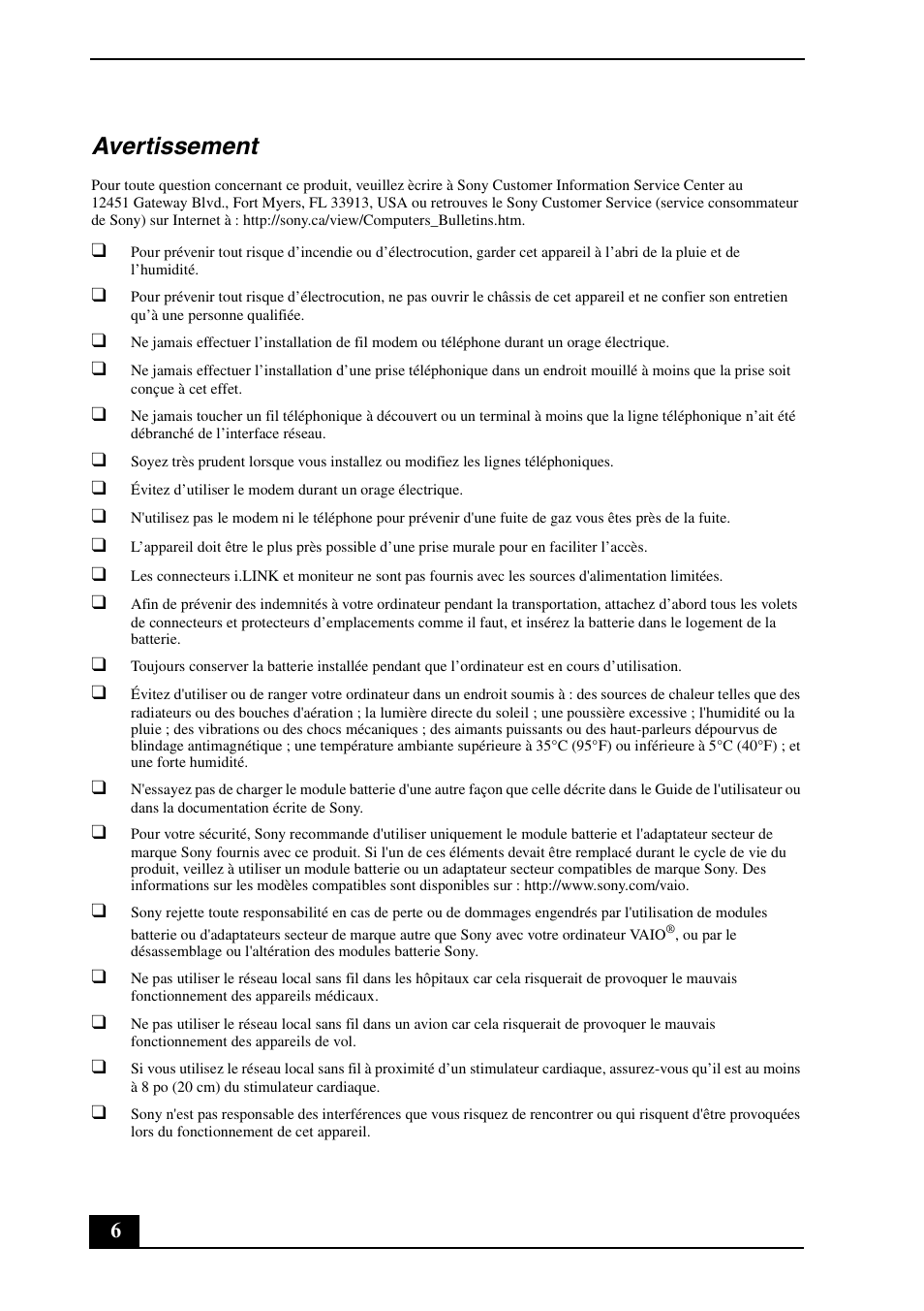 Avertissement | Sony VGN-NR385E User Manual | Page 6 / 24