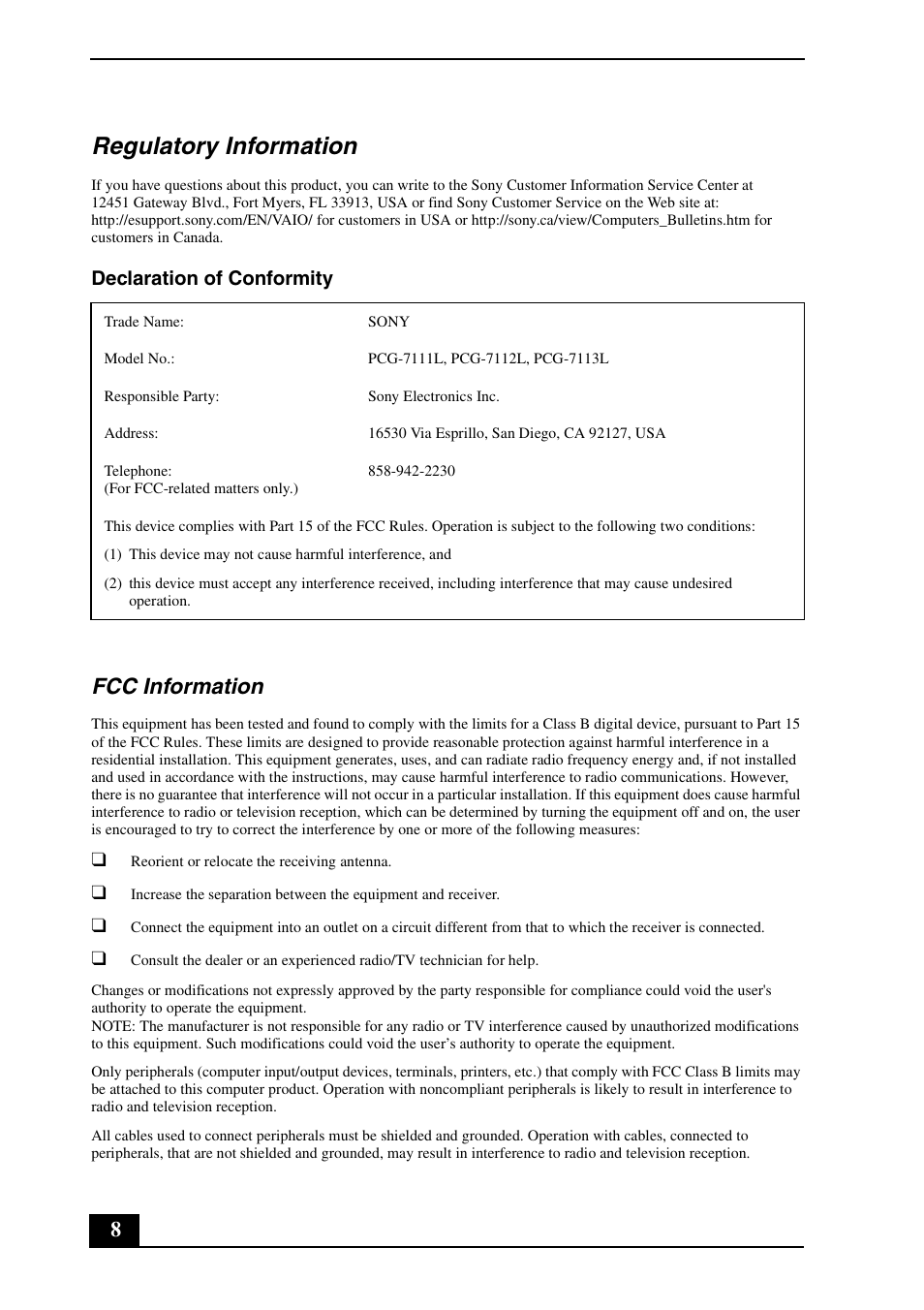 Regulatory information, Fcc information, Declaration of conformity | Sony VGN-NR385E User Manual | Page 8 / 24