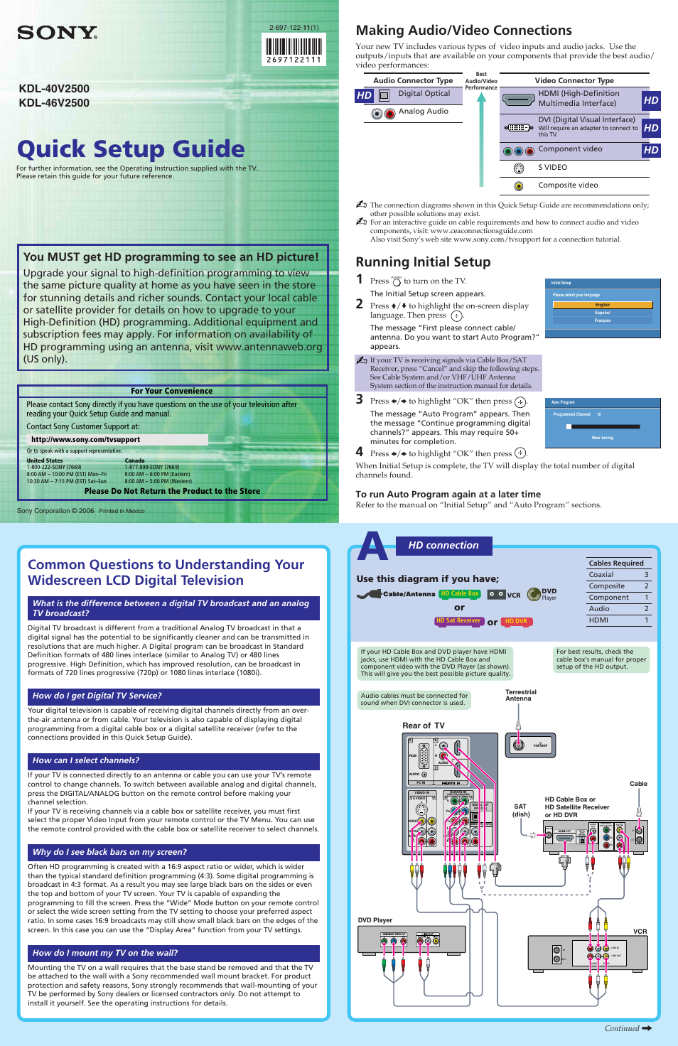 Sony KDL-40V2500 User Manual | 2 pages