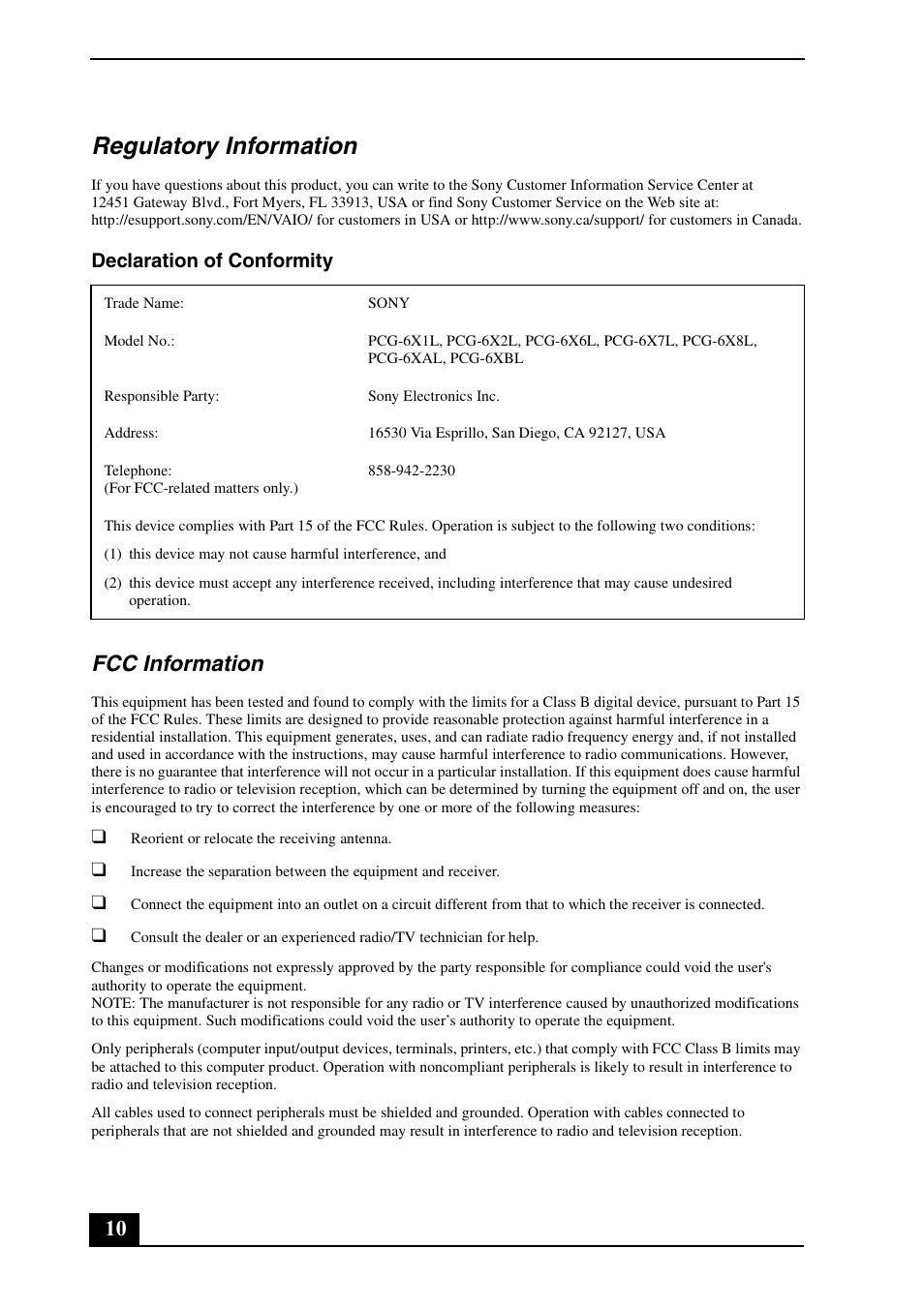 Regulatory information, Fcc information, Declaration of conformity | Sony VGN-Z530N User Manual | Page 10 / 32