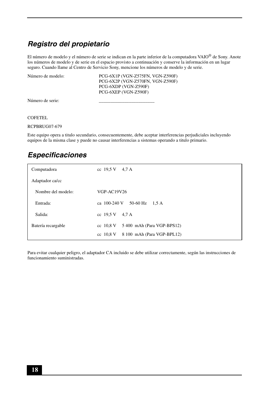 Registro del propietario, Especificaciones | Sony VGN-Z530N User Manual | Page 18 / 32