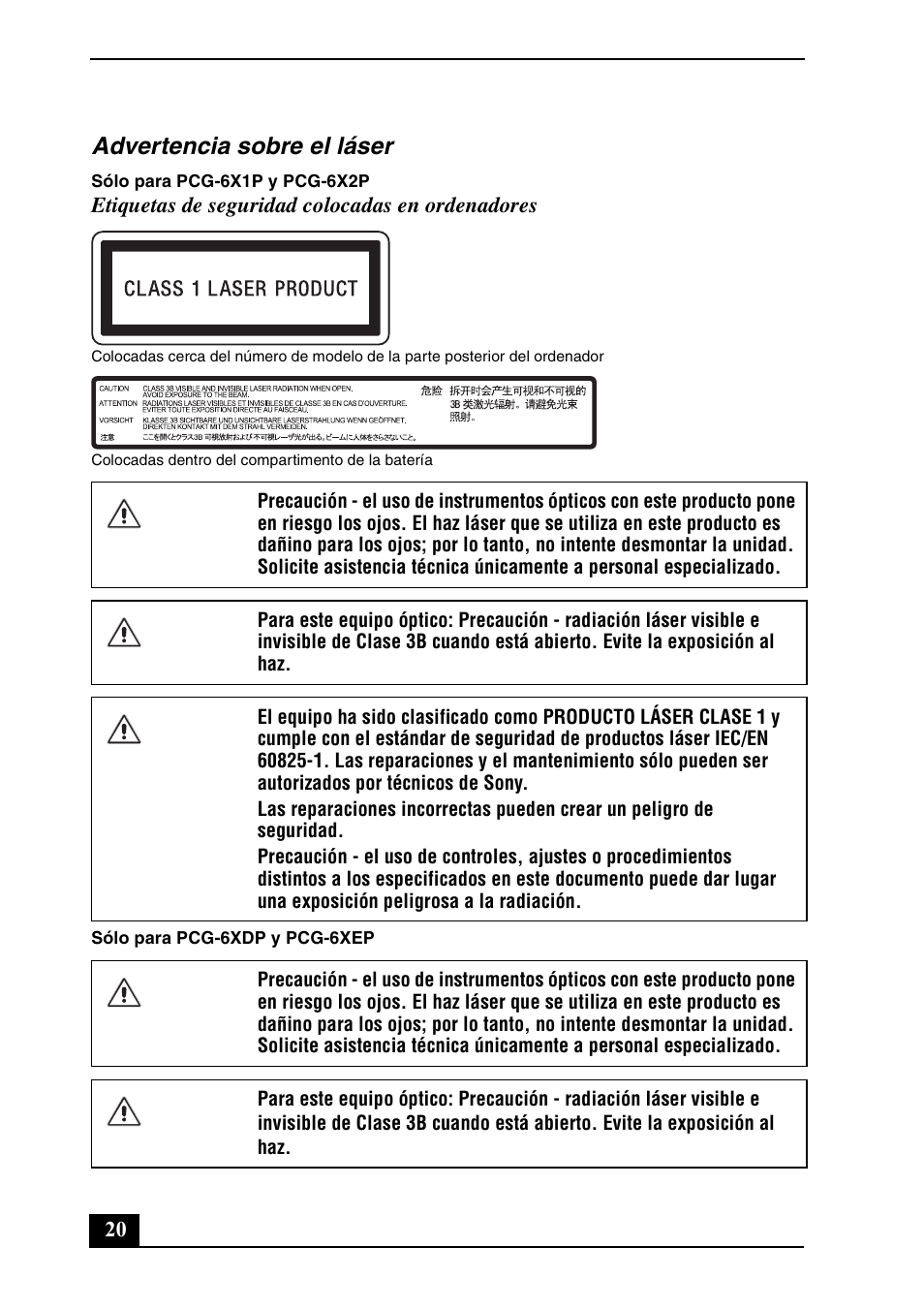 Advertencia sobre el láser | Sony VGN-Z530N User Manual | Page 20 / 32