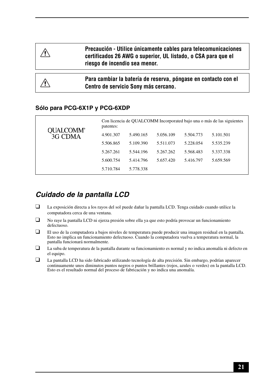 Cuidado de la pantalla lcd | Sony VGN-Z530N User Manual | Page 21 / 32