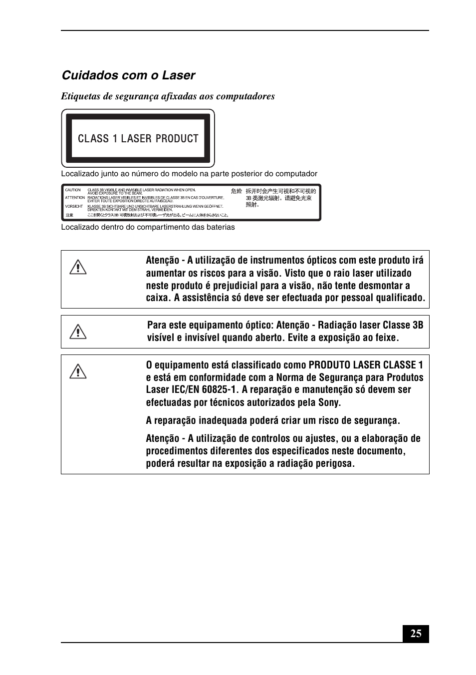 Cuidados com o laser | Sony VGN-Z530N User Manual | Page 25 / 32