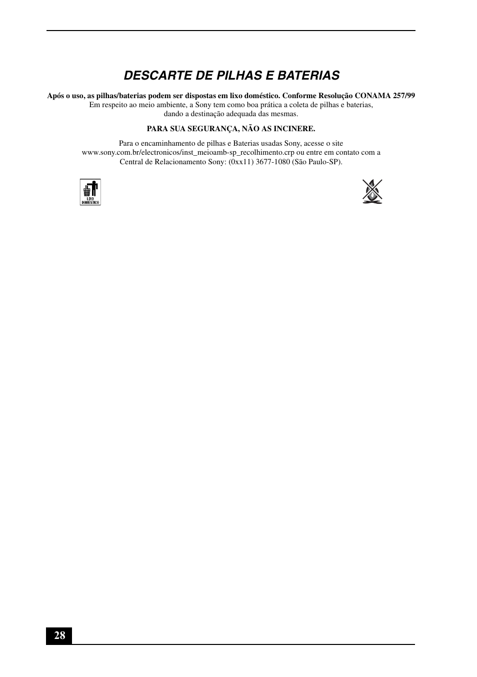 Descarte de pilhas e baterias | Sony VGN-Z530N User Manual | Page 28 / 32