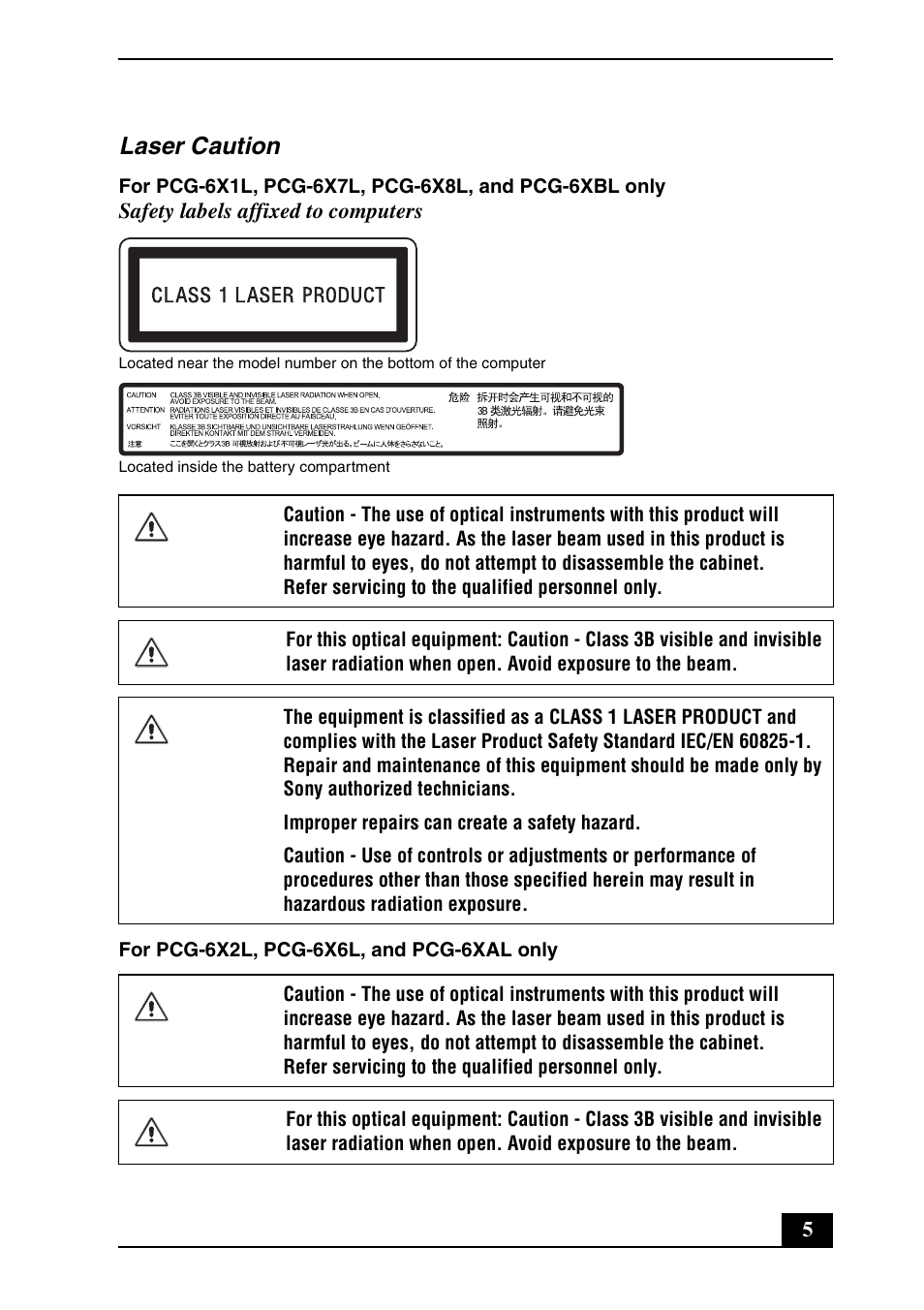 Laser caution | Sony VGN-Z530N User Manual | Page 5 / 32