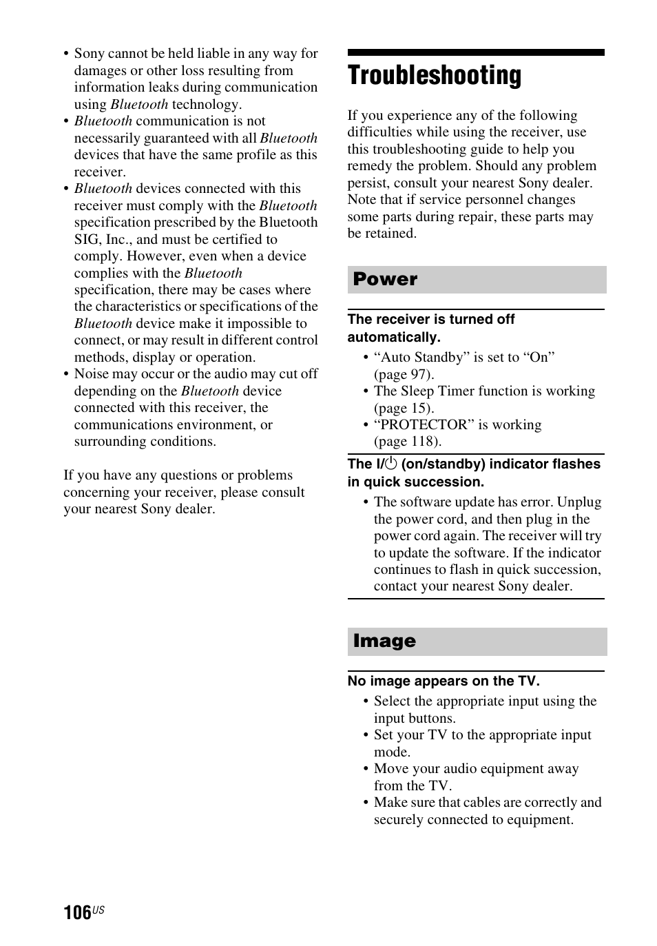 Troubleshooting, Power image | Sony STR-DN840 User Manual | Page 106 / 128