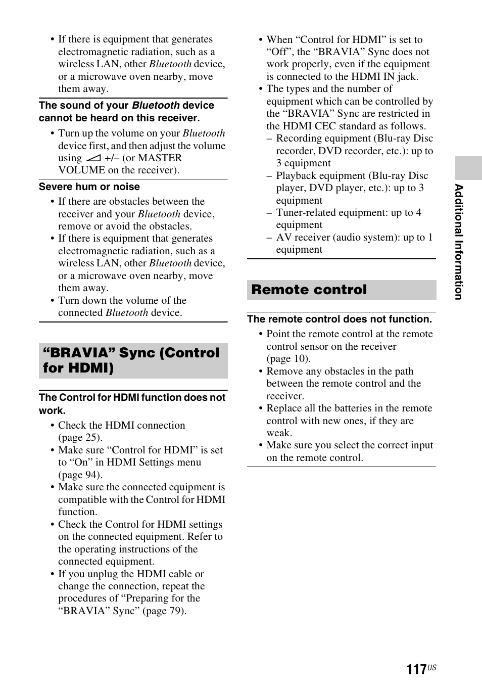 Bravia” sync (control for hdmi) remote control | Sony STR-DN840 User Manual | Page 117 / 128