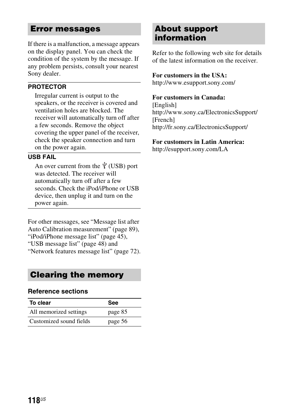 About support information | Sony STR-DN840 User Manual | Page 118 / 128