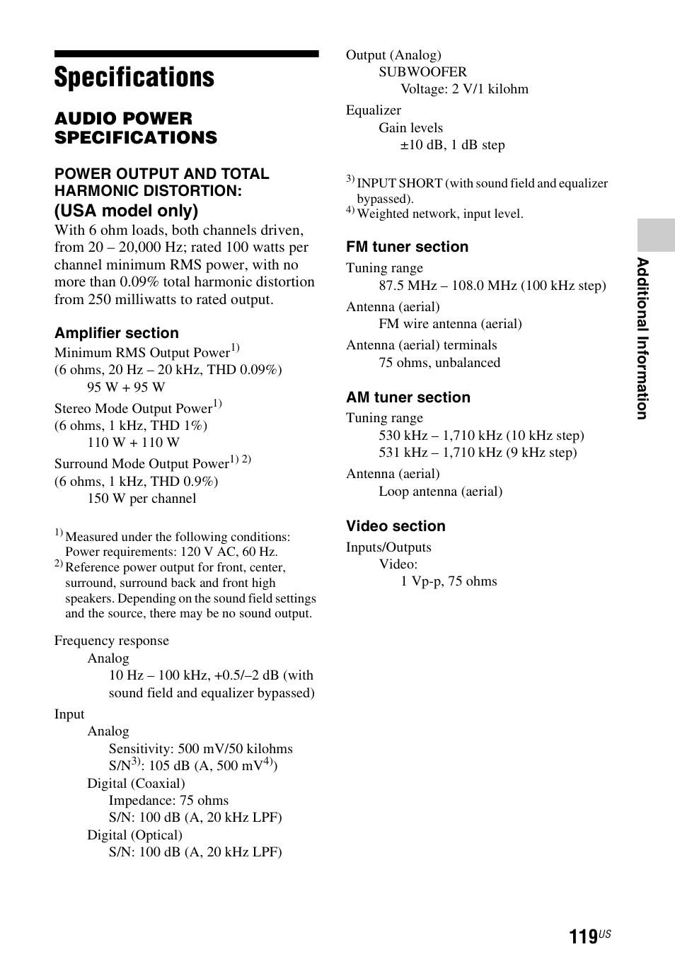 Specifications, Audio power specifications, Usa model only) | Sony STR-DN840 User Manual | Page 119 / 128