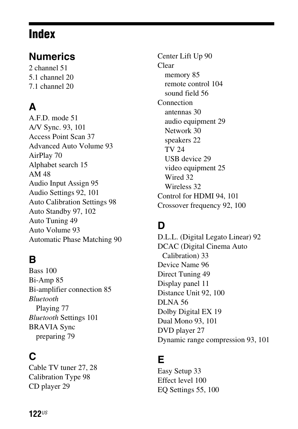 Index, Numerics | Sony STR-DN840 User Manual | Page 122 / 128