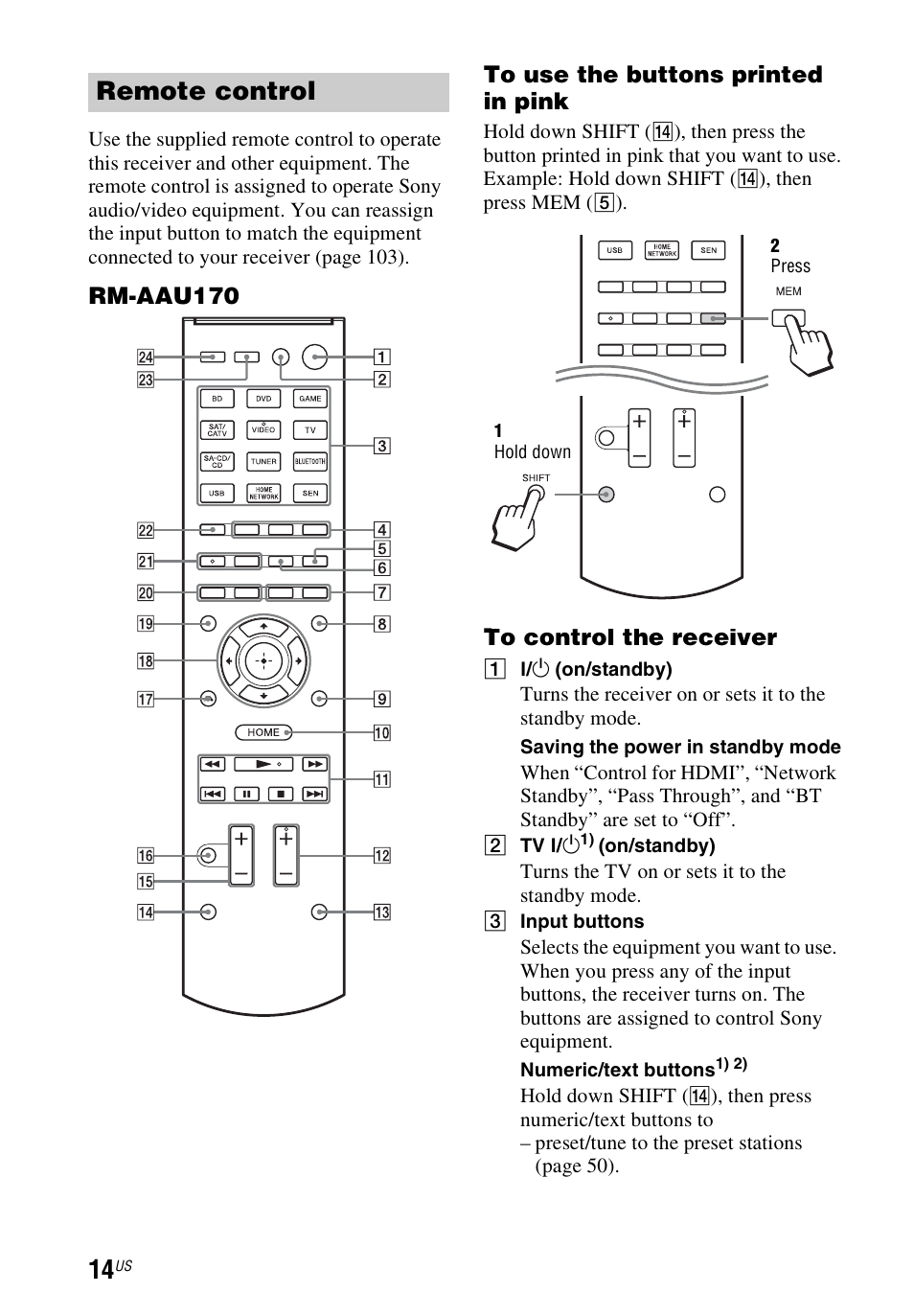 Remote control, Rm-aau170 to use the buttons printed in pink | Sony STR-DN840 User Manual | Page 14 / 128