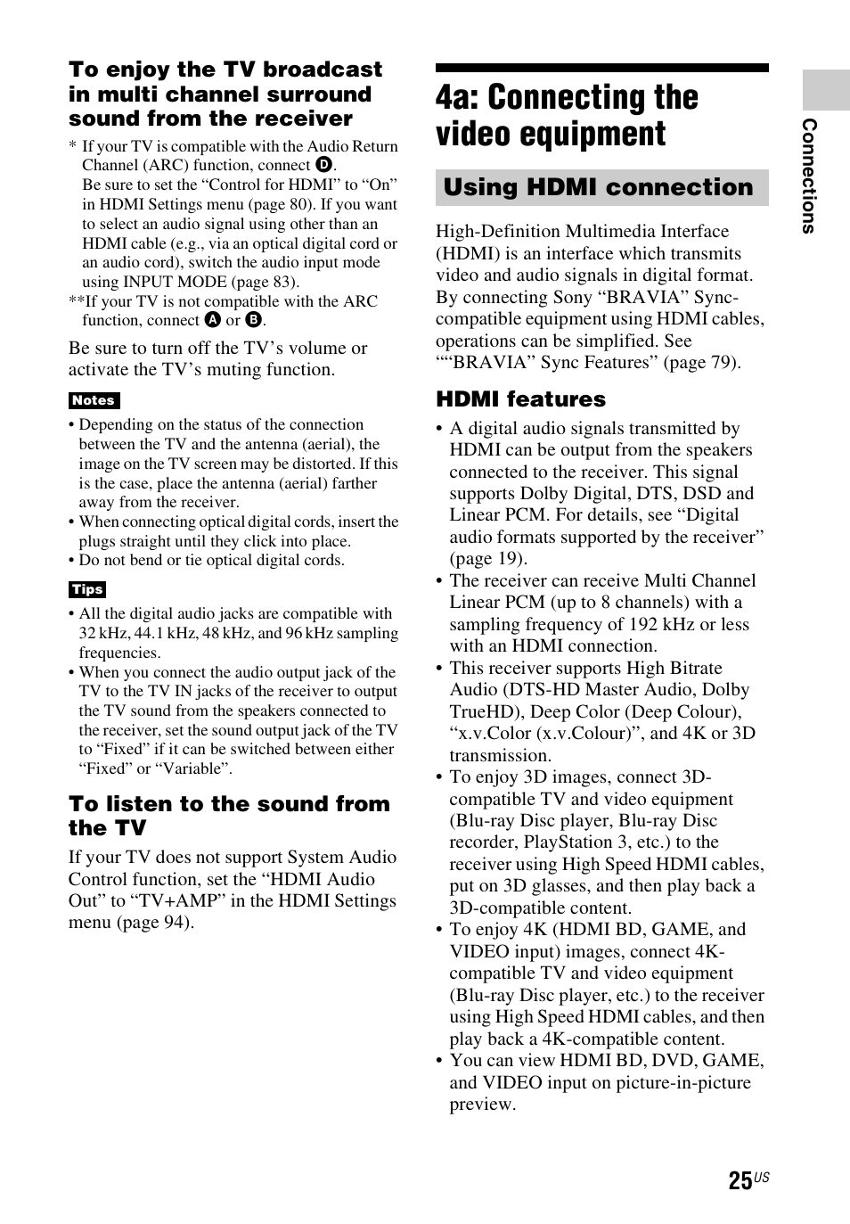 4a: connecting the video equipment, 4a: connecting the video, Equipment | Using hdmi connection, Hdmi features | Sony STR-DN840 User Manual | Page 25 / 128