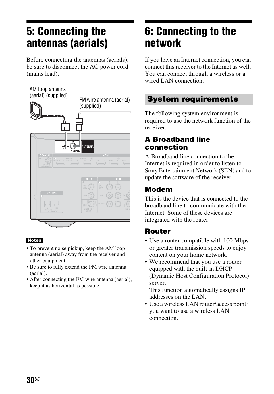 Connecting the antennas (aerials), Connecting to the network, Connecting the antennas | Aerials), System requirements | Sony STR-DN840 User Manual | Page 30 / 128