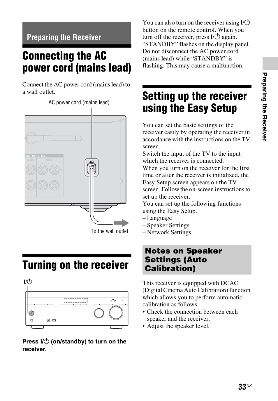 Preparing the receiver, Connecting the ac power cord (mains lead), Turning on the receiver | Setting up the receiver using the easy setup, Connecting the ac power cord, Mains lead), Easy setup | Sony STR-DN840 User Manual | Page 33 / 128