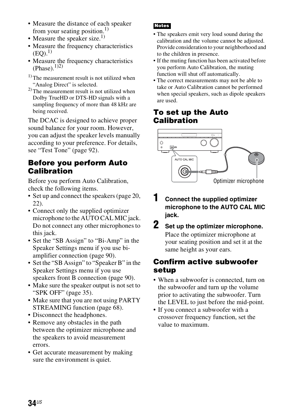 Before you perform auto calibration, Confirm active subwoofer setup | Sony STR-DN840 User Manual | Page 34 / 128