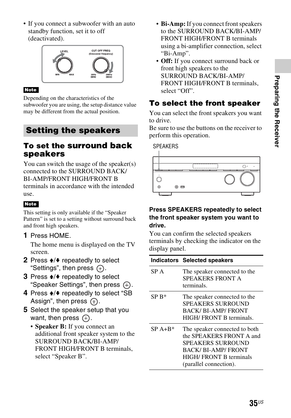 Surround back speakers, Setting the speakers | Sony STR-DN840 User Manual | Page 35 / 128