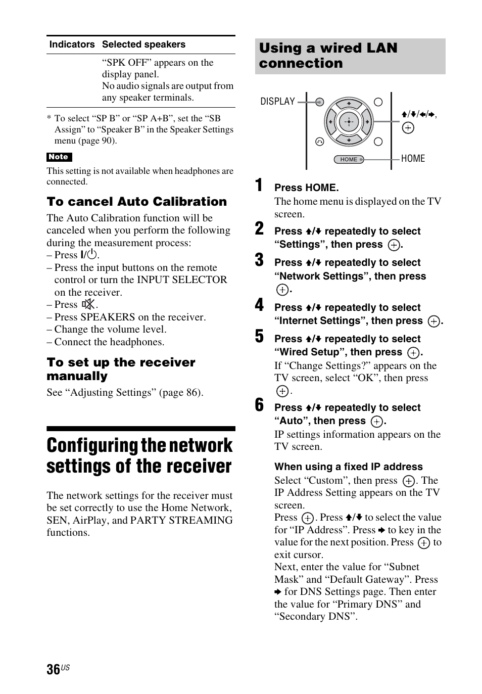 Configuring the network settings of the receiver, Configuring the network settings, Of the receiver | Using a wired lan connection | Sony STR-DN840 User Manual | Page 36 / 128