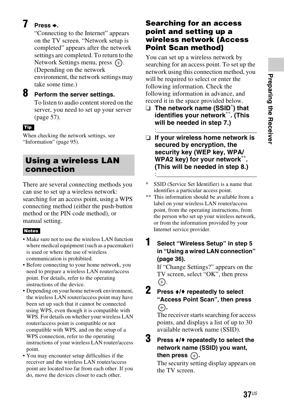Using a wireless lan connection | Sony STR-DN840 User Manual | Page 37 / 128