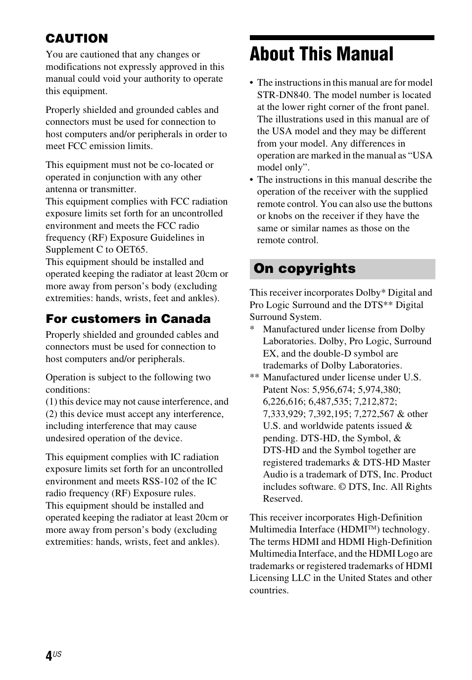 About this manual, On copyrights | Sony STR-DN840 User Manual | Page 4 / 128