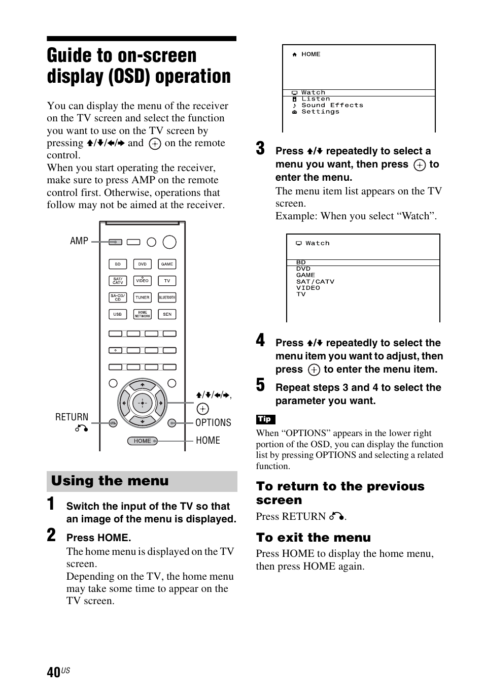 Guide to on-screen display (osd) operation, Guide to on-screen display, Osd) operation | Using the menu | Sony STR-DN840 User Manual | Page 40 / 128