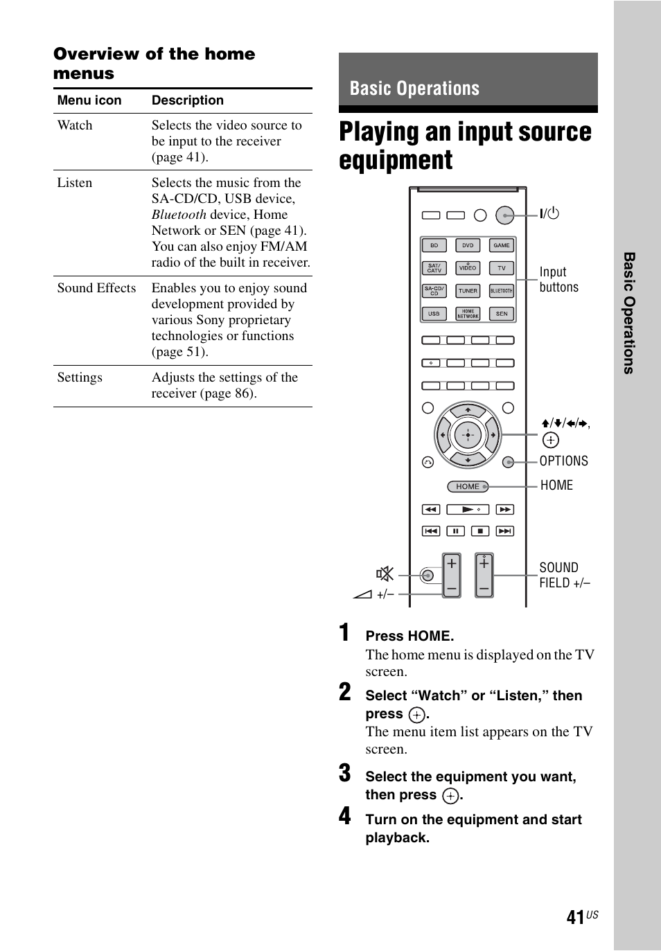 Basic operations, Playing an input source equipment, Playing an input source | Equipment | Sony STR-DN840 User Manual | Page 41 / 128