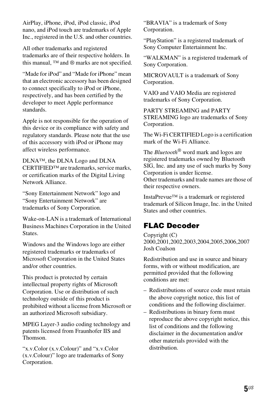 Flac decoder | Sony STR-DN840 User Manual | Page 5 / 128
