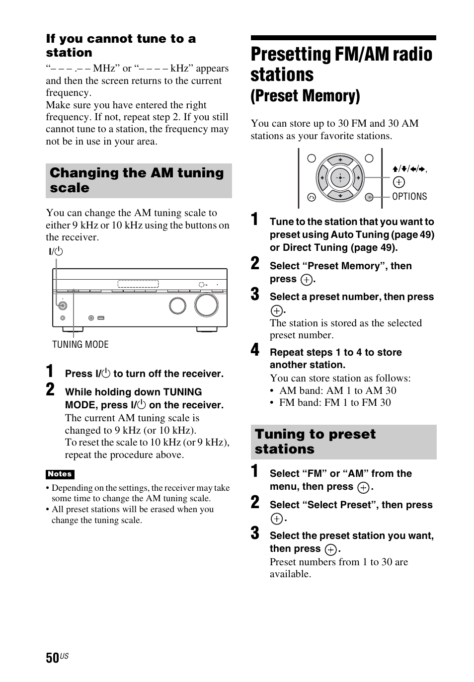 Presetting fm/am radio stations (preset memory), Presetting fm/am radio stations, Preset memory) | Sony STR-DN840 User Manual | Page 50 / 128