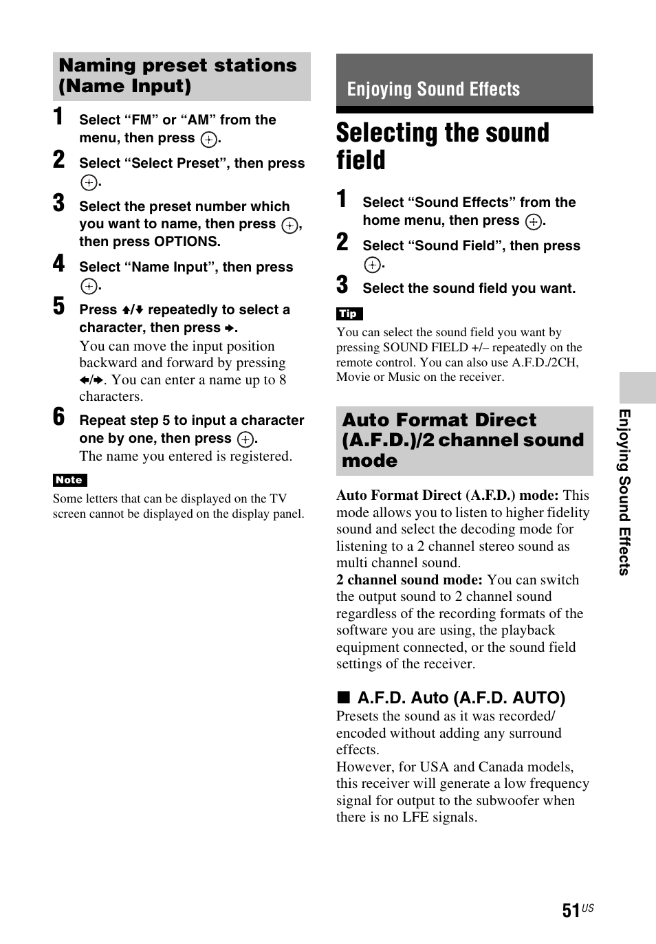 Enjoying sound effects, Selecting the sound field, E 51, 53) | Naming preset stations (name input), Auto format direct (a.f.d.)/2 channel sound mode | Sony STR-DN840 User Manual | Page 51 / 128