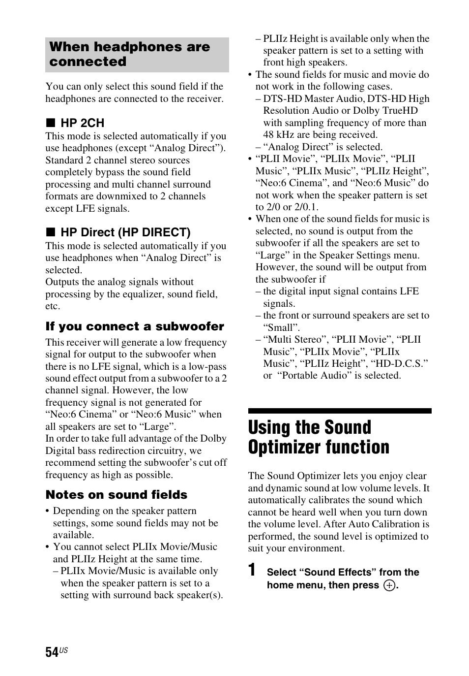 Using the sound optimizer function, Using the sound optimizer, Function | When headphones are connected | Sony STR-DN840 User Manual | Page 54 / 128