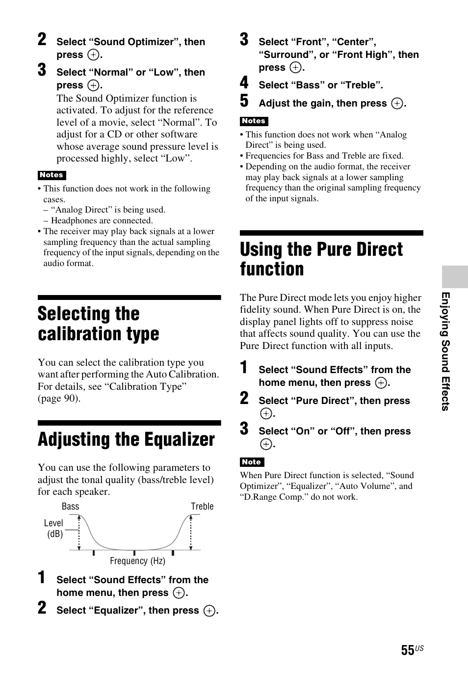 Selecting the calibration type, Adjusting the equalizer, Using the pure direct function | Sony STR-DN840 User Manual | Page 55 / 128