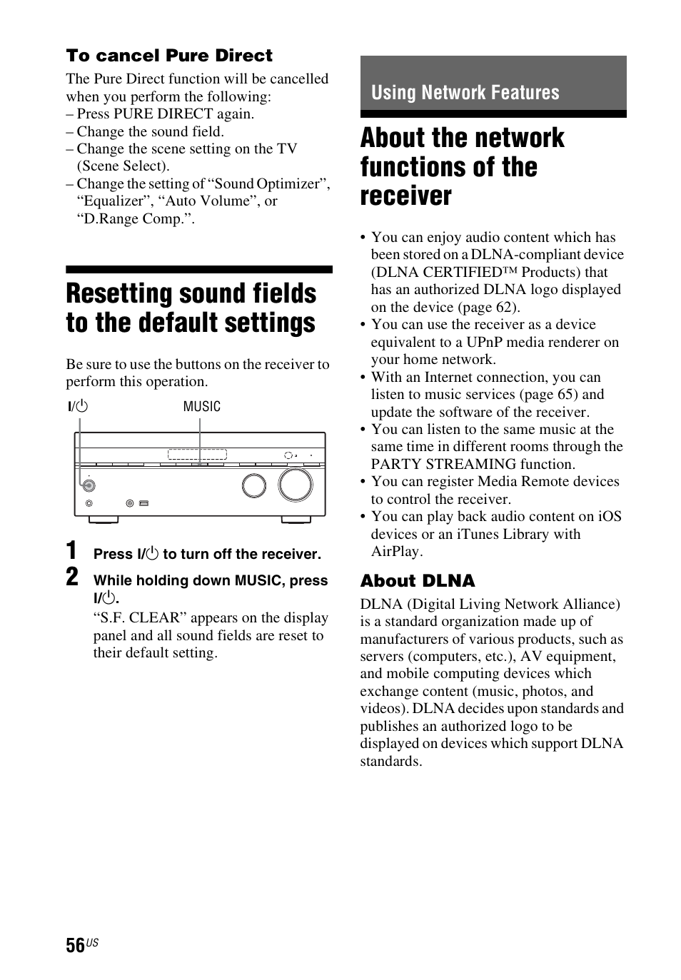 Resetting sound fields to the default settings, Using network features, About the network functions of the receiver | Resetting sound fields to the, Default settings, About the network functions of, The receiver | Sony STR-DN840 User Manual | Page 56 / 128