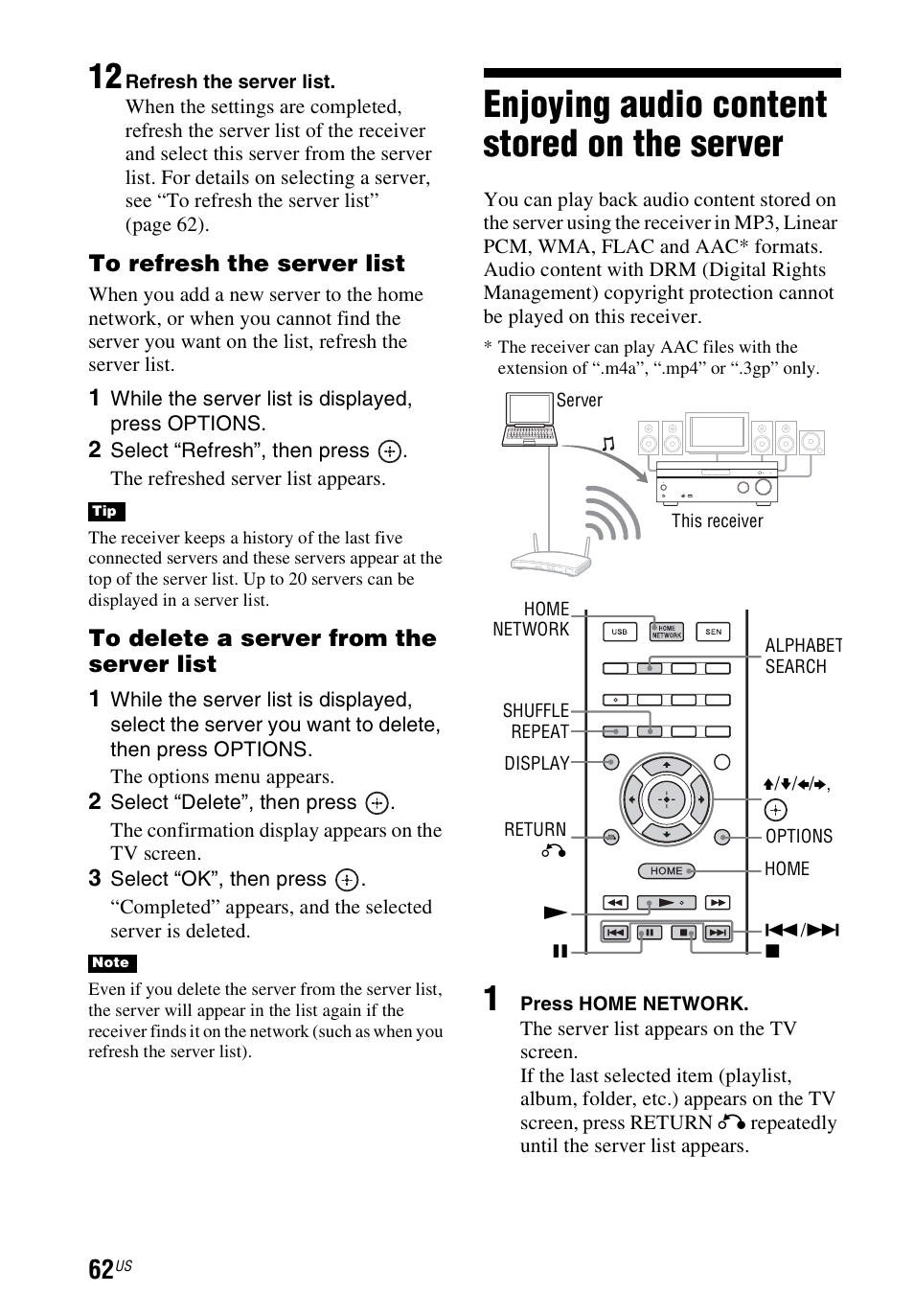 Enjoying audio content stored on the server, Enjoying audio content stored on, The server | Sony STR-DN840 User Manual | Page 62 / 128
