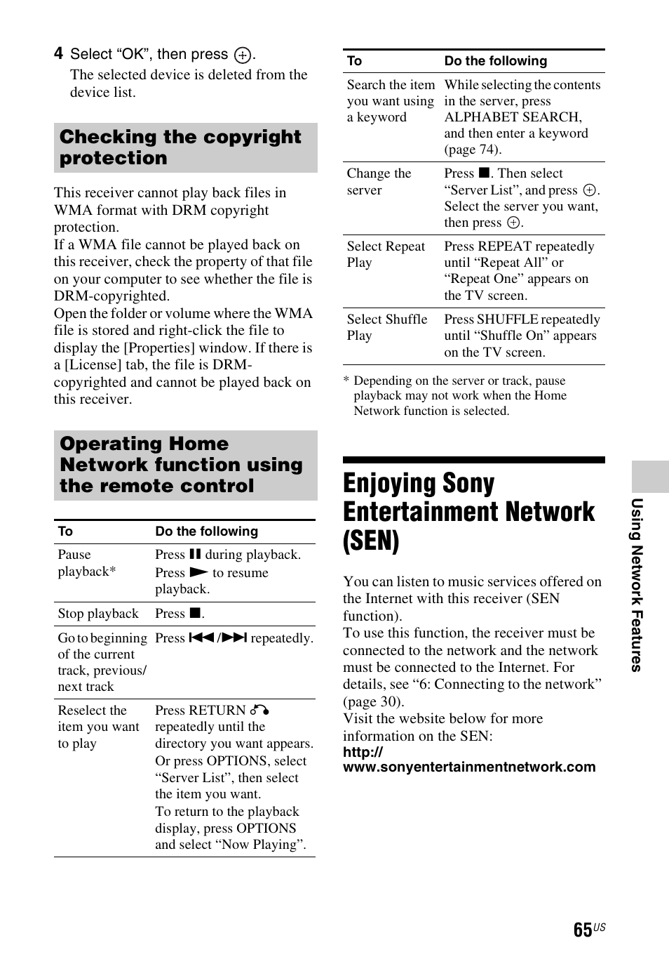 Enjoying sony entertainment network (sen), Enjoying sony entertainment, Network (sen) | Sony STR-DN840 User Manual | Page 65 / 128