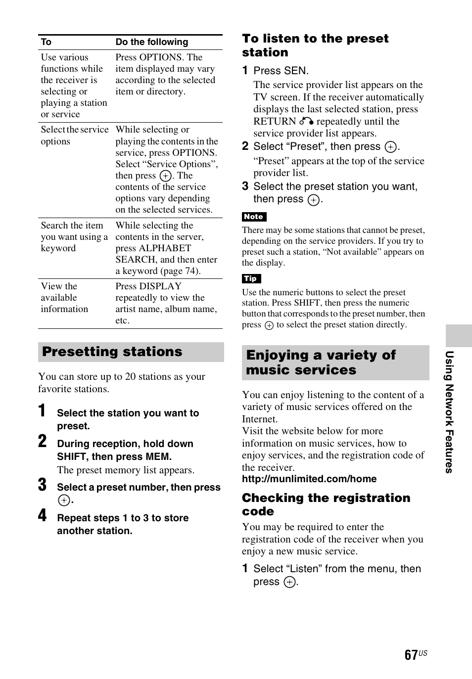 Presetting stations, Enjoying a variety of music services | Sony STR-DN840 User Manual | Page 67 / 128