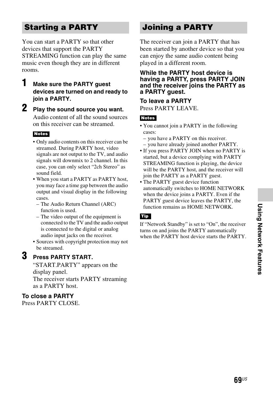 Starting a party, Joining a party | Sony STR-DN840 User Manual | Page 69 / 128