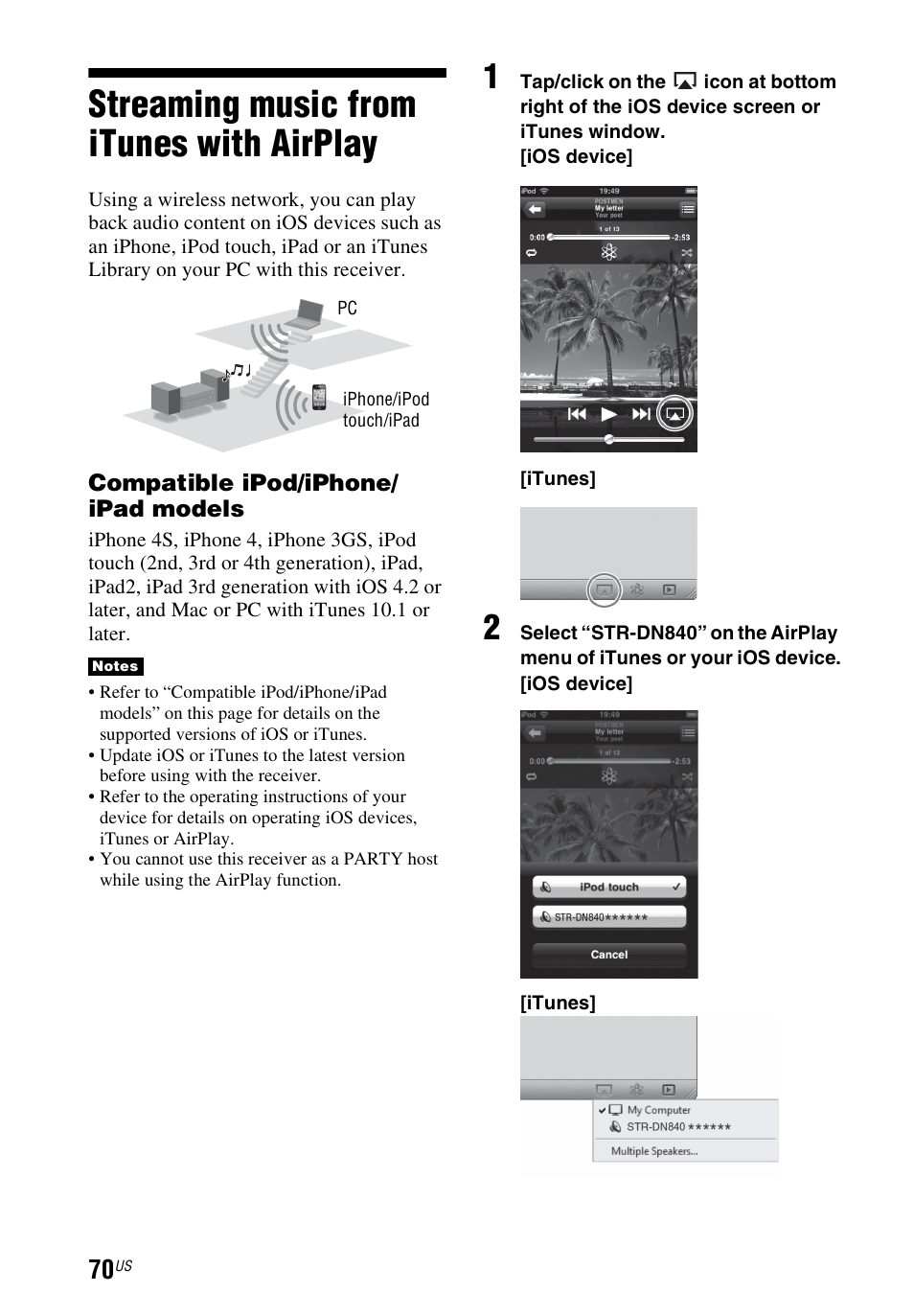 Streaming music from itunes with airplay, Streaming music from itunes, With airplay | Sony STR-DN840 User Manual | Page 70 / 128