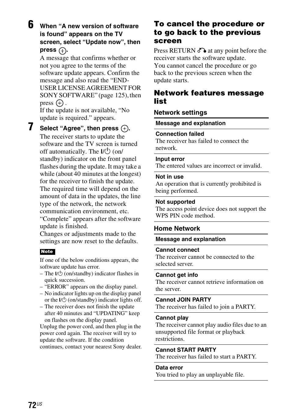 Network features message list | Sony STR-DN840 User Manual | Page 72 / 128