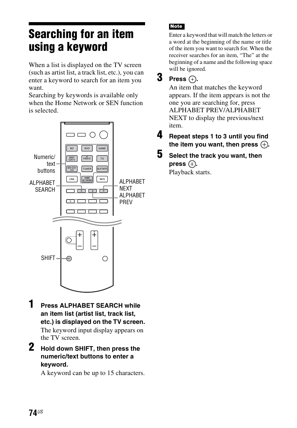 Searching for an item using a keyword, Searching for an item using a, Keyword | Sony STR-DN840 User Manual | Page 74 / 128