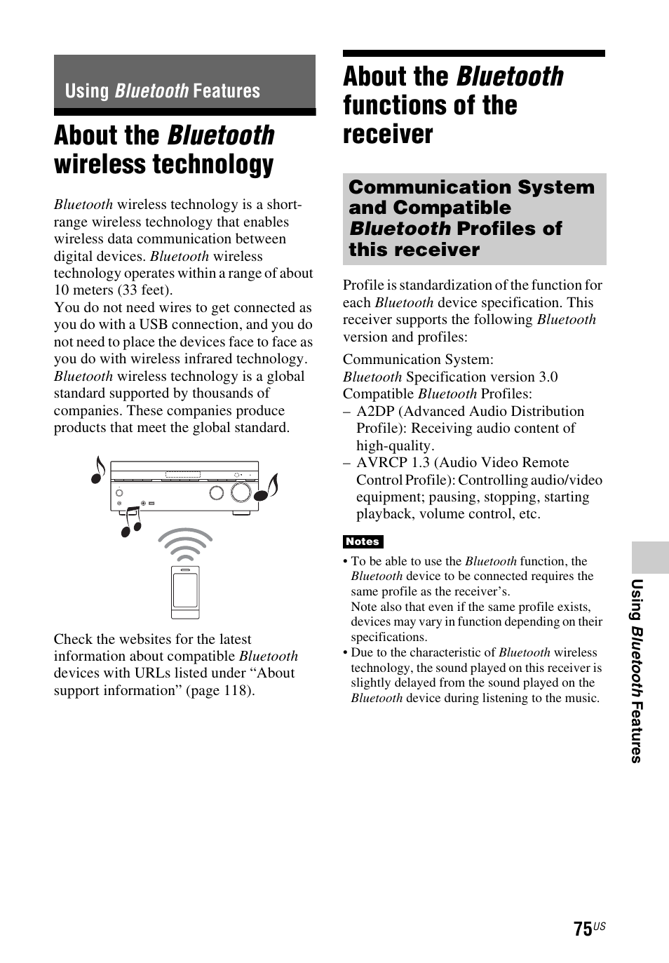 Using bluetooth features, About the bluetooth wireless technology, About the bluetooth functions of the receiver | Using bluetooth, Features, About the bluetooth wireless, Technology, About the bluetooth functions of, The receiver | Sony STR-DN840 User Manual | Page 75 / 128