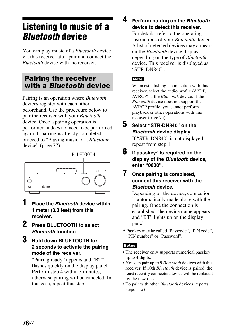 Listening to music of a bluetooth device, Listening to music of a bluetooth, Device | Pairing the receiver with a bluetooth device | Sony STR-DN840 User Manual | Page 76 / 128