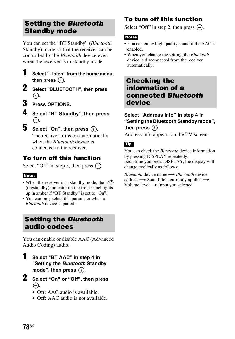 Setting the bluetooth standby mode, Setting the bluetooth audio codecs | Sony STR-DN840 User Manual | Page 78 / 128