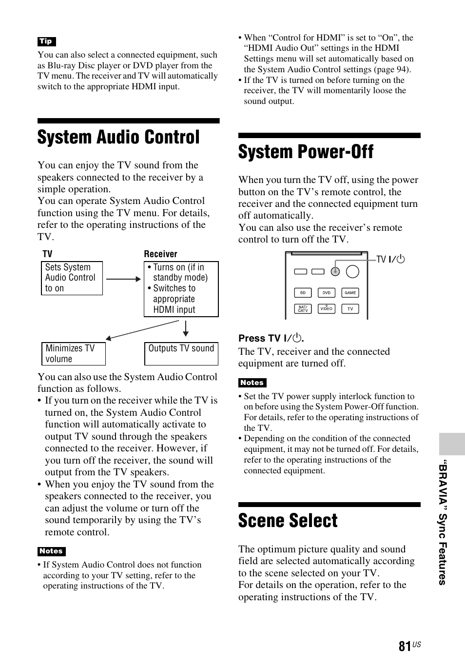 System audio control, System power-off, Scene select | System audio control system power-off scene select | Sony STR-DN840 User Manual | Page 81 / 128