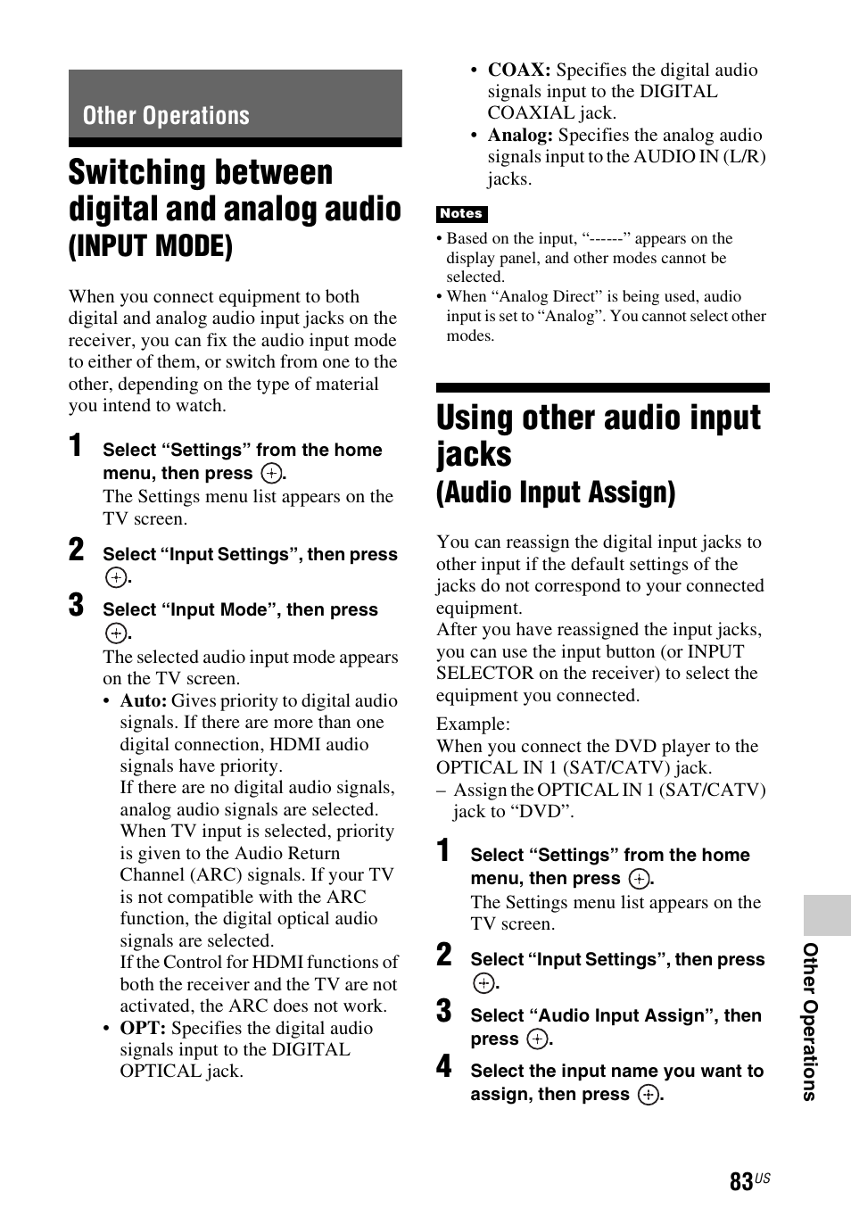 Other operations, Using other audio input jacks (audio input assign), Switching between digital and | Analog audio (input mode), Using other audio input jacks, Audio input assign), Switching between digital and analog audio, Input mode) | Sony STR-DN840 User Manual | Page 83 / 128