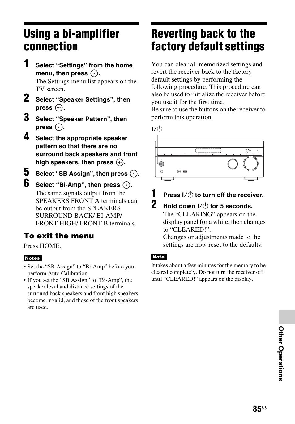 Using a bi-amplifier connection, Reverting back to the factory default settings, Using a bi-amplifier | Connection, Reverting back to the factory, Default settings | Sony STR-DN840 User Manual | Page 85 / 128